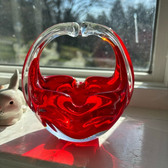 Murano Art Glass Hand Blown Sommerso Basket Joined Handles Submerged Ruby Red - Picture 2 of 8